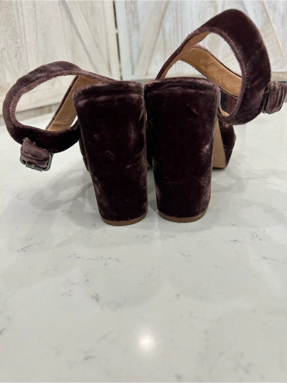 Madewell Deep Plum Velvet Crisscross Platform Sandals